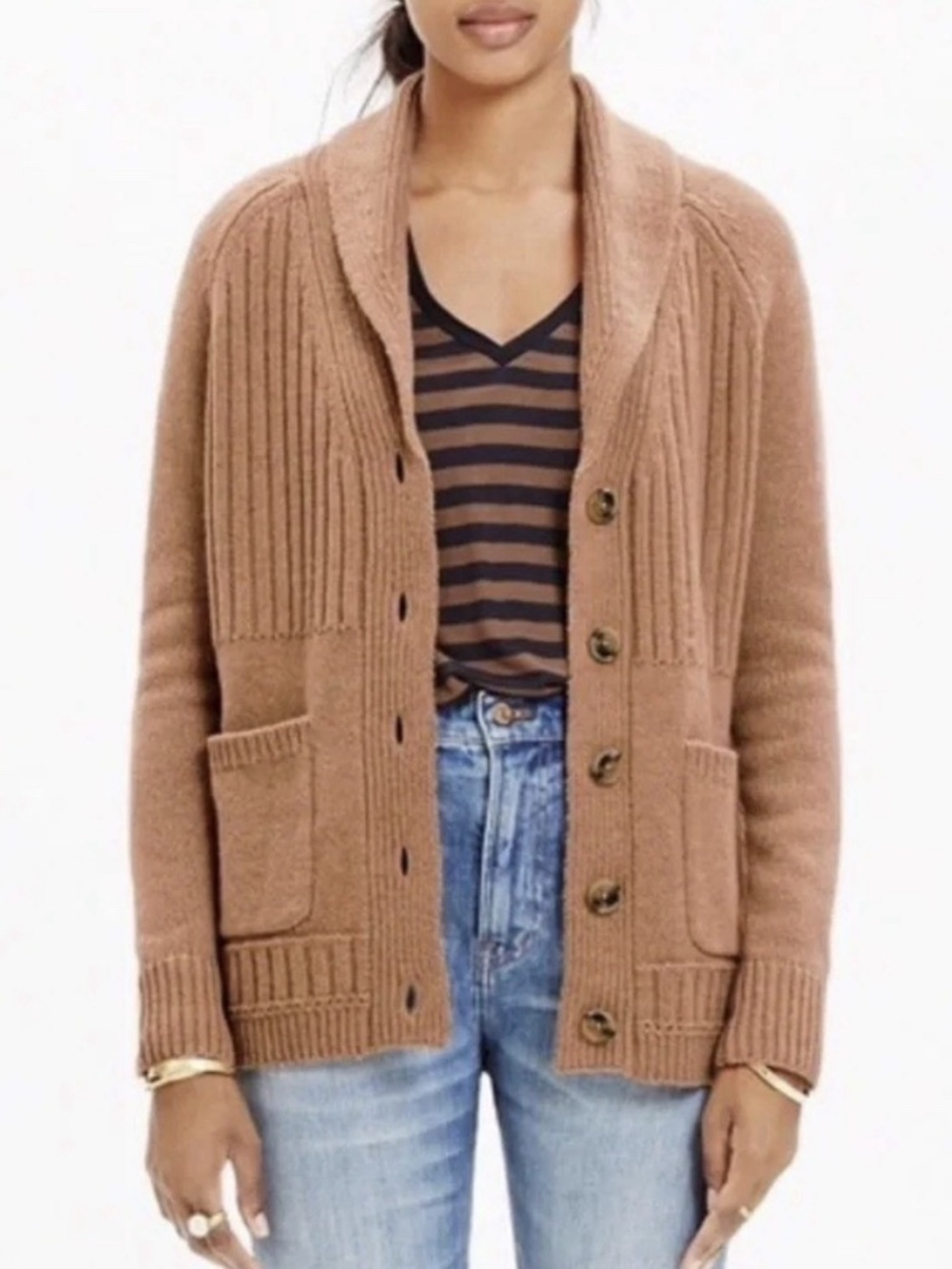 Madewell Taupe Ribbed Shawl-Collar Button 100% Wool Cardigan Sweater Small